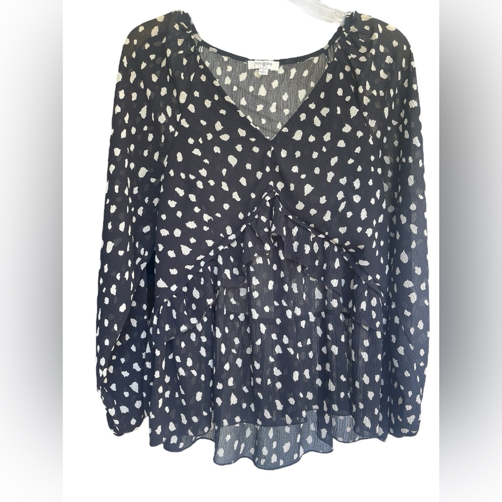 Umgee Size Small women’s BOHO Black white Ruched Long Sleeve Blouse v-neck